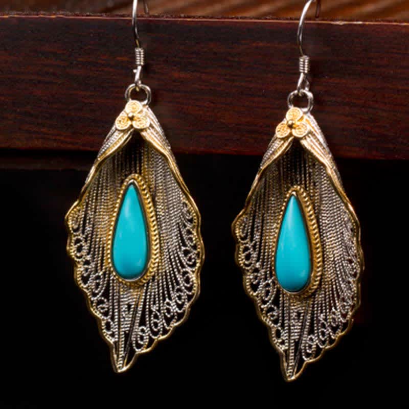 Pendientes colgantes de plata de ley 925 con diseño de hoja de Bodhi turquesa