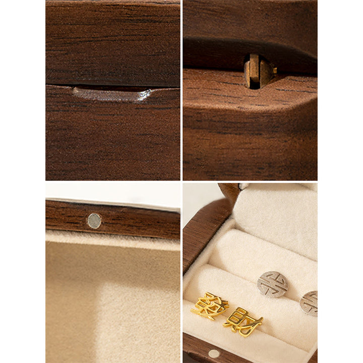 Caja de regalo de madera de hoja de caja de almacenamiento de joyería de anillo de madera de nogal negro hecha a mano Retro