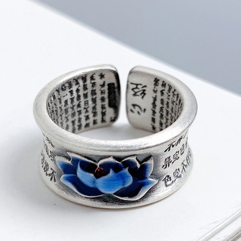 Anillo de iluminación con patrón grabado de Sutra de corazón de flor de loto azul con Buddha Stones