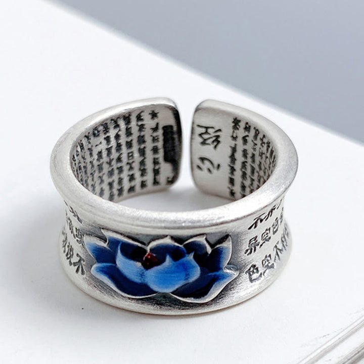 Anillo de iluminación con patrón grabado de Sutra de corazón de flor de loto azul con Buddha Stones