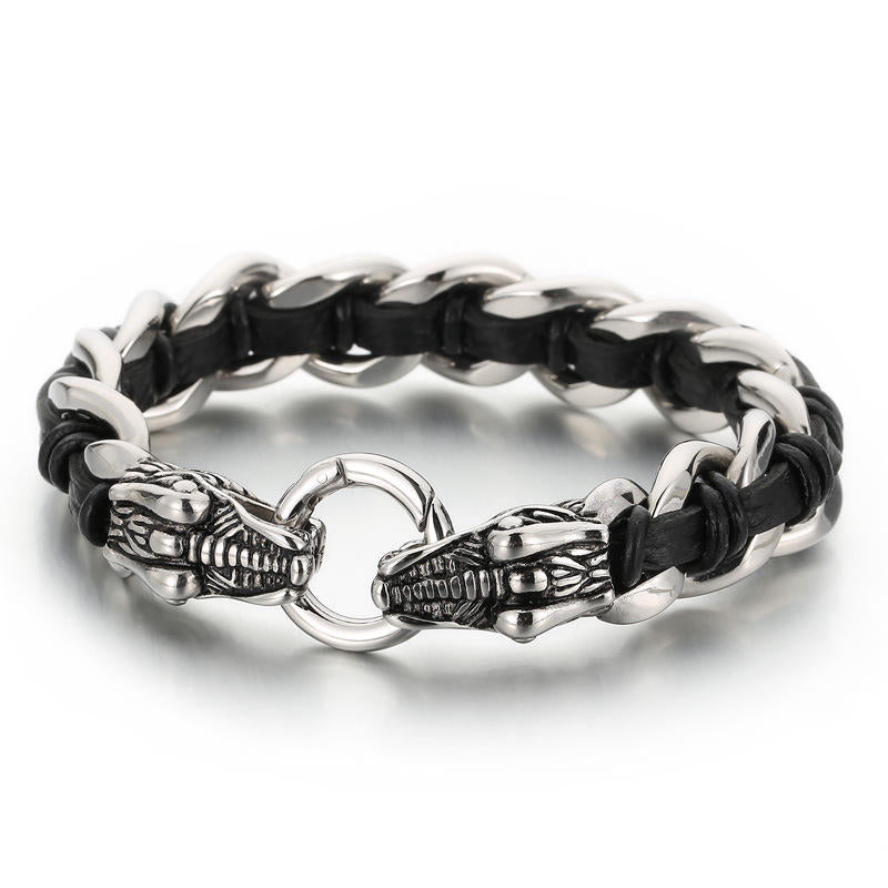 Pulsera trenzada de la suerte con protección de acero titanio y cuero de dragón