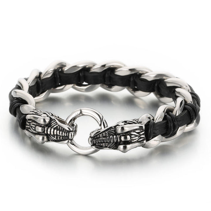 Pulsera trenzada de la suerte con protección de acero titanio y cuero de dragón