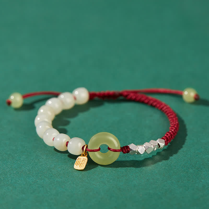 Pulsera de plata de ley 925 con hebilla de paz y jade hetiano con cuentas de suerte y felicidad - Rojo oscuro - image 16