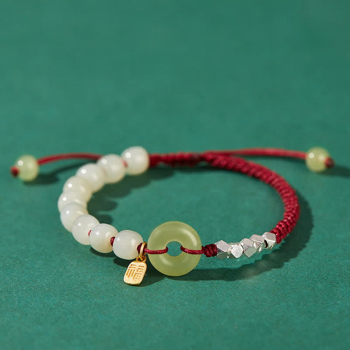 Pulsera de plata de ley 925 con hebilla de paz y jade hetiano con cuentas de suerte y felicidad - Rojo oscuro - image 16