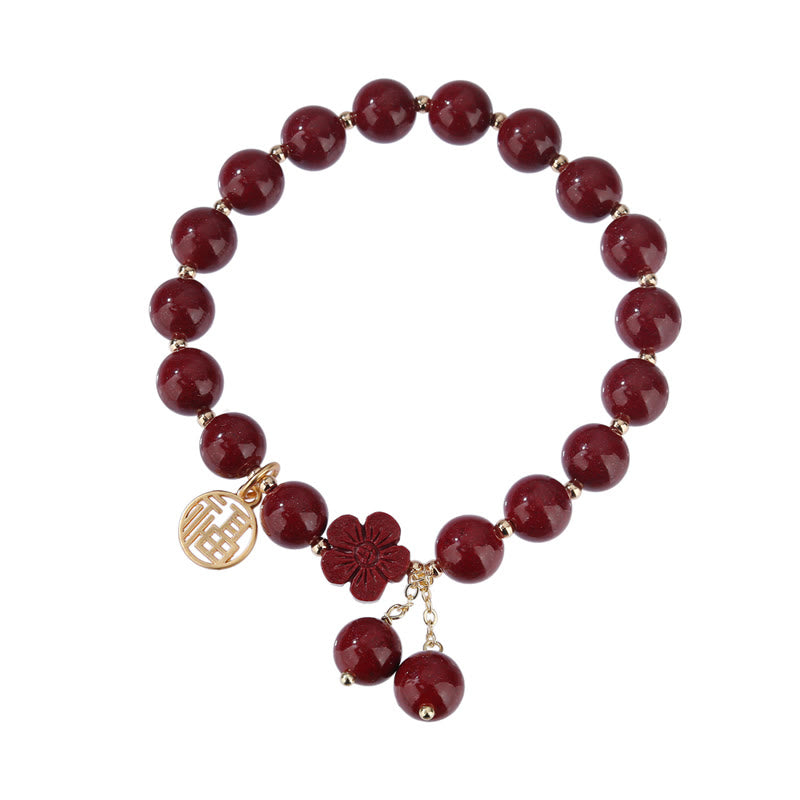 Pulsera de bendición de flor de cerezo con personaje de cinabrio Fu de Buddha Stones