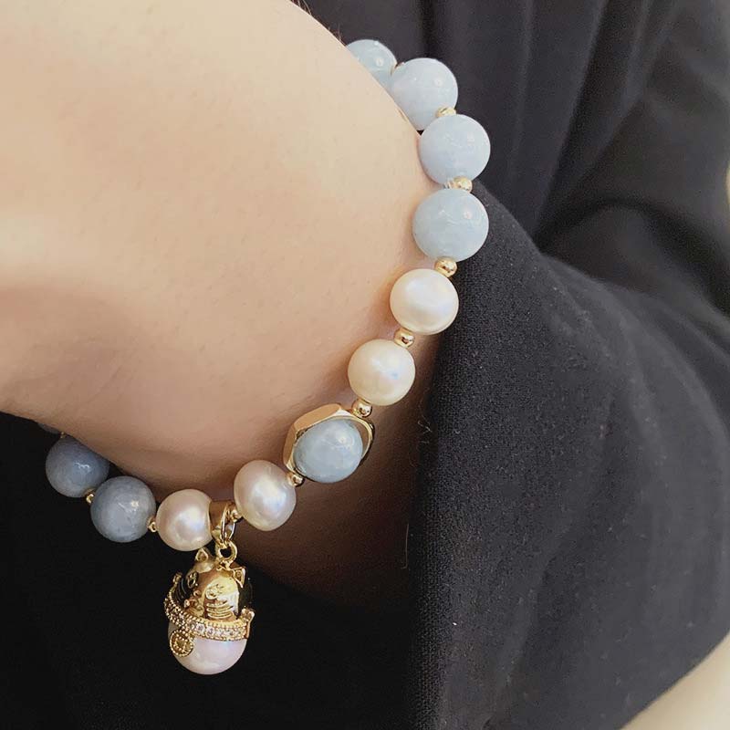 Pulsera con dije de gato de la suerte, curación de la paz, perlas de aguamarina, Buddha Stones - image 4