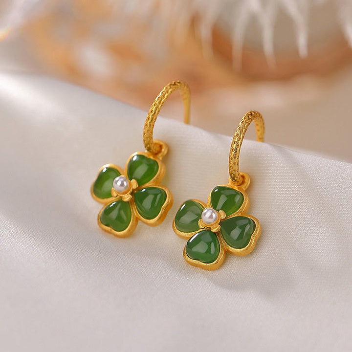 Pendientes de plata de ley 925 con Buddha Stones , jade cian natural, trébol de cuatro hojas, suerte y éxito