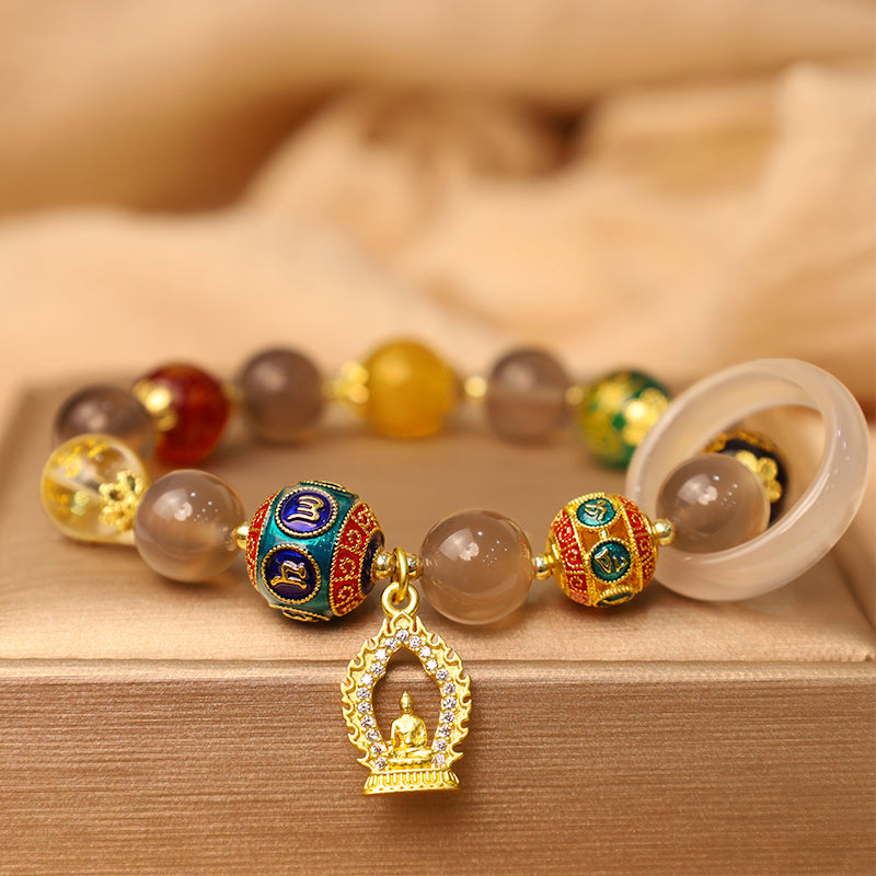Buddha Stones Ágata gris natural Cinco direcciones Dioses de la riqueza Om Mani Padme Hum Pulsera con dijes de Buda