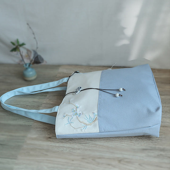 Bolso de hombro de gran capacidad con bordado de bambú, flor de pera, ciruelo, flor de melocotón, bolso de mano