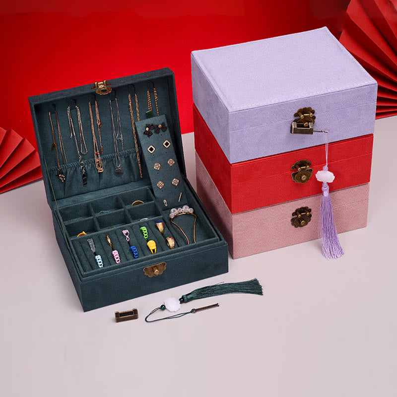 Caja organizadora de joyas de diseño Simple con Buddha Stones, caja de almacenamiento de joyas de dos capas, caja de franela con cerradura - image 9