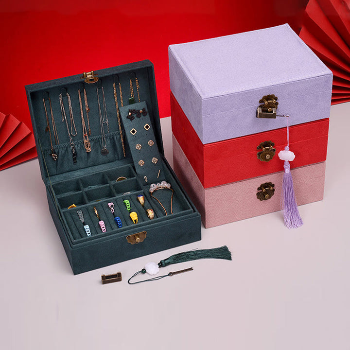 Caja organizadora de joyas de diseño Simple con Buddha Stones, caja de almacenamiento de joyas de dos capas, caja de franela con cerradura - image 9