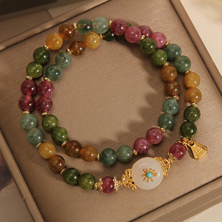 Pulsera de doble envoltura con flor de jade positivo de turmalina multicolor natural de Buddha Stones
