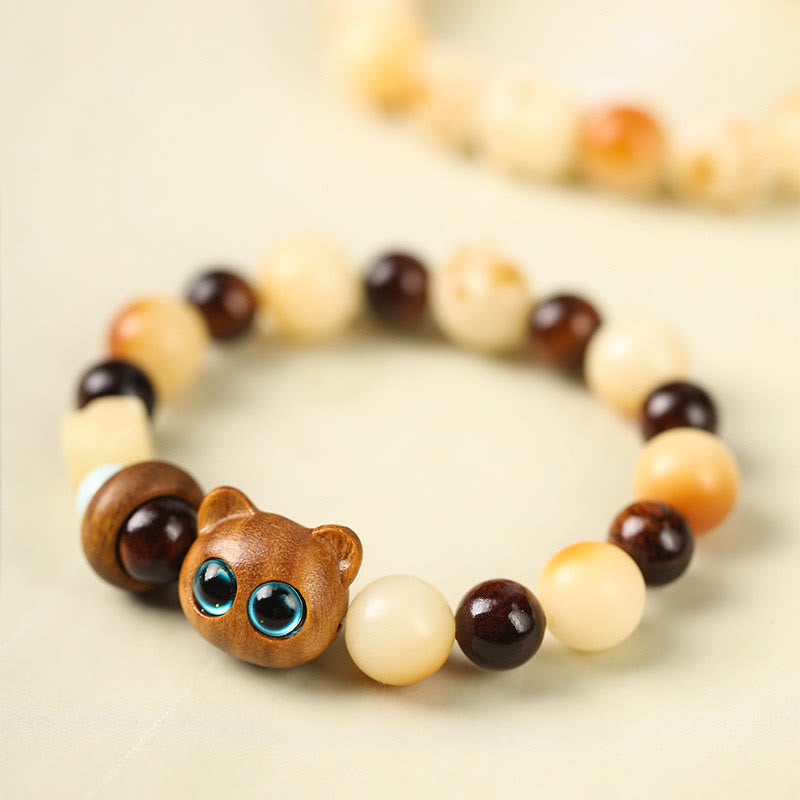 Pulsera de la paz con Buddha Stones, semilla de Bodhi Natural, sándalo, cabeza de gato bonita de la suerte, garra de pata - Gato de la suerte de sándalo verde (circunferencia de muñeca: 14-17 cm) - image 1