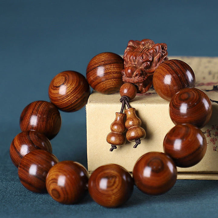 Pulsera de protección tallada con dragón de madera de agar, Buddha Stones , palisandro, sándalo verde, hoja pequeña, sándalo rojo