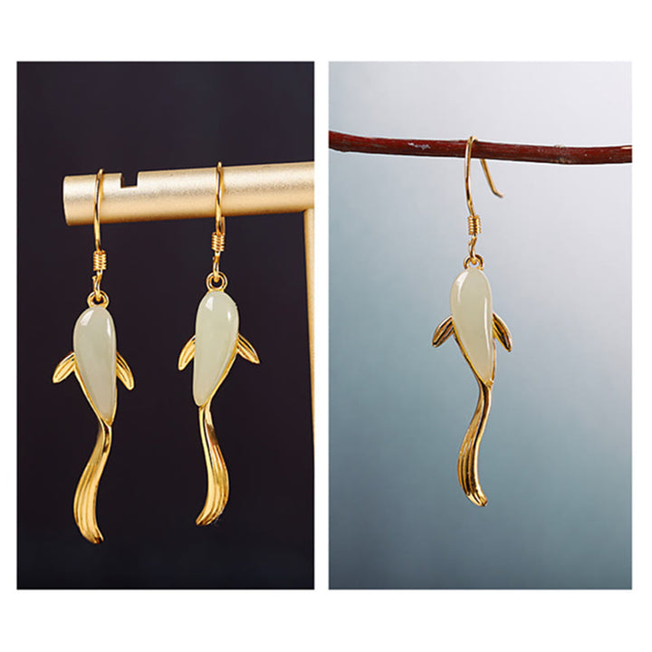 Pendientes colgantes con diseño de pez y suerte de jade