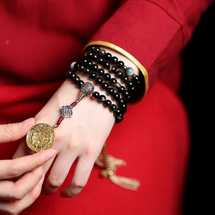 Pulsera de riqueza de piedra de ojo de águila de ojo de tigre de obsidiana con brillo dorado de 108 cuentas Mala