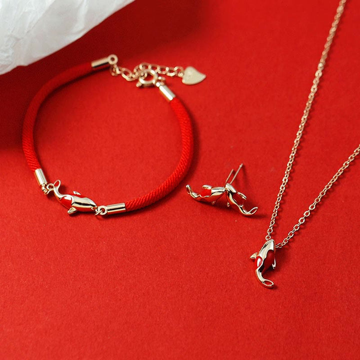 Juego de pendientes y pulsera de cuerda roja con colgante de collar de pez Koi de cobre con Buddha Stones