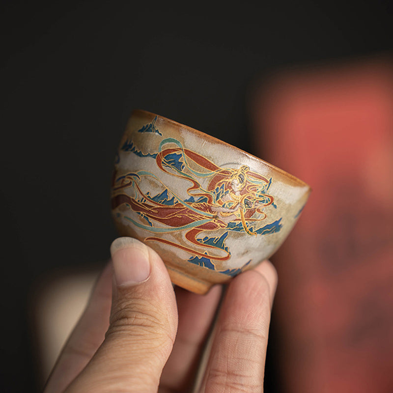 Taza de té de cerámica Gaiwan Sancai de Dunhuang Flying Apsaras con Buddha Stones, taza de té de Kung Fu con tapa