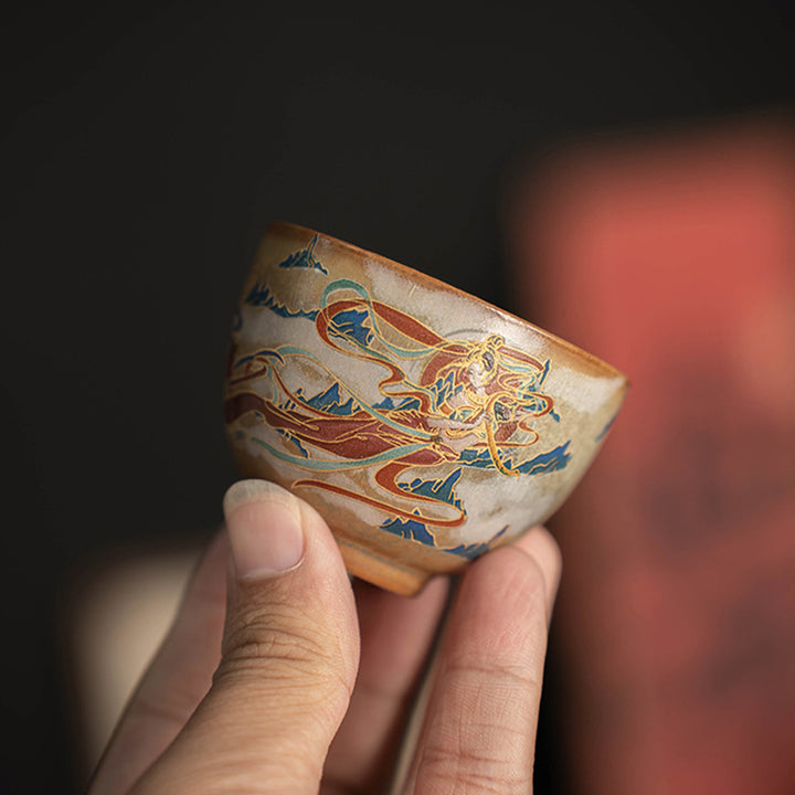 Taza de té de cerámica Gaiwan Sancai de Dunhuang Flying Apsaras con Buddha Stones, taza de té de Kung Fu con tapa