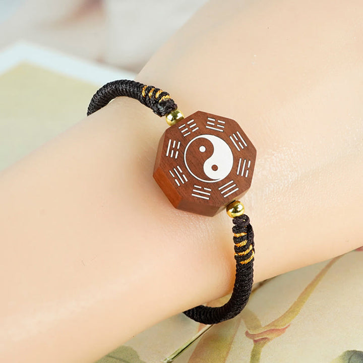 Buddha Stones hoja pequeña sándalo rojo madera de azufaifo madera de ébano plata con incrustaciones Yin Yang Bagua pulsera de protección de cazo grande