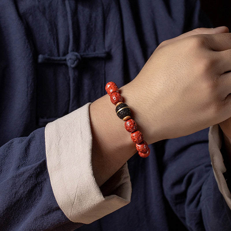 Pulsera de bendición tranquila de ébano y cinabrio natural con Buddha Stones