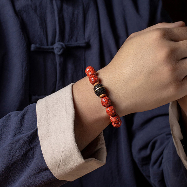 Pulsera de bendición tranquila de ébano y cinabrio natural con Buddha Stones