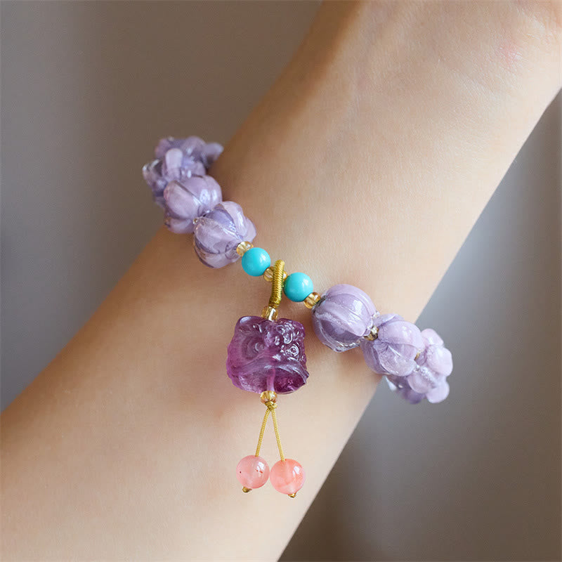 Buddha Stones Liuli cuentas de cristal diseño de loto fluorita marfil fruta bailando León encanto pulsera de iluminación