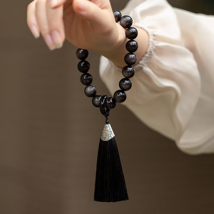 Obsidiana con brillo de plata Natural, León de obsidiana negra, protección Mala para muñeca, borlas, bolsillo, decoración para coche