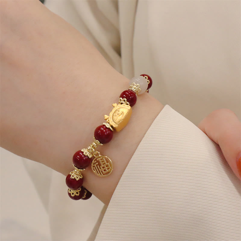 Buddha Stones Año del Dragón Ágata roja Cuarzo fresa Obsidiana negra Jade Granate Perla Cinabrio Bola de masa Dragón Suerte Fu Pulsera con personajes