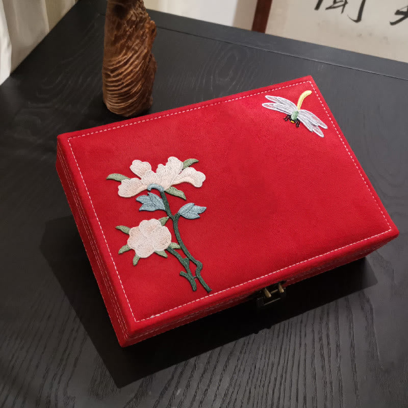 Caja organizadora de joyería con Buddha Stones , flores y libélula, caja de almacenamiento de joyería de una sola capa, caja de franela