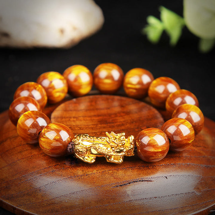 Pulsera Pixiu Abundante Ojo de Tigre Dorado de la Suerte con Buddha Stones