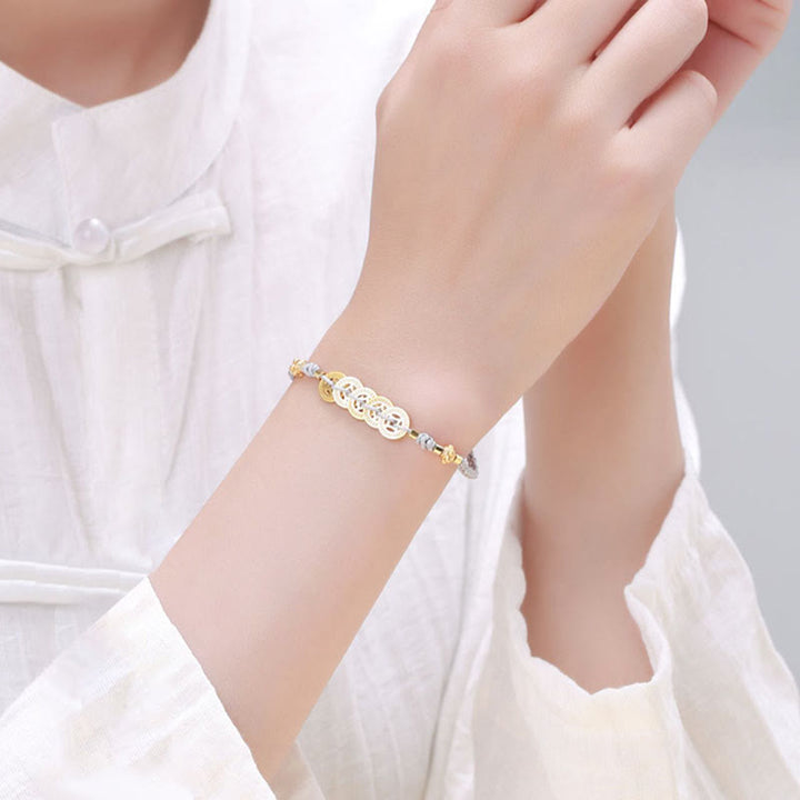 Pulsera trenzada de cuerda azul con Buddha Stones, moneda de cobre, árbol de la fortuna, perla, suerte