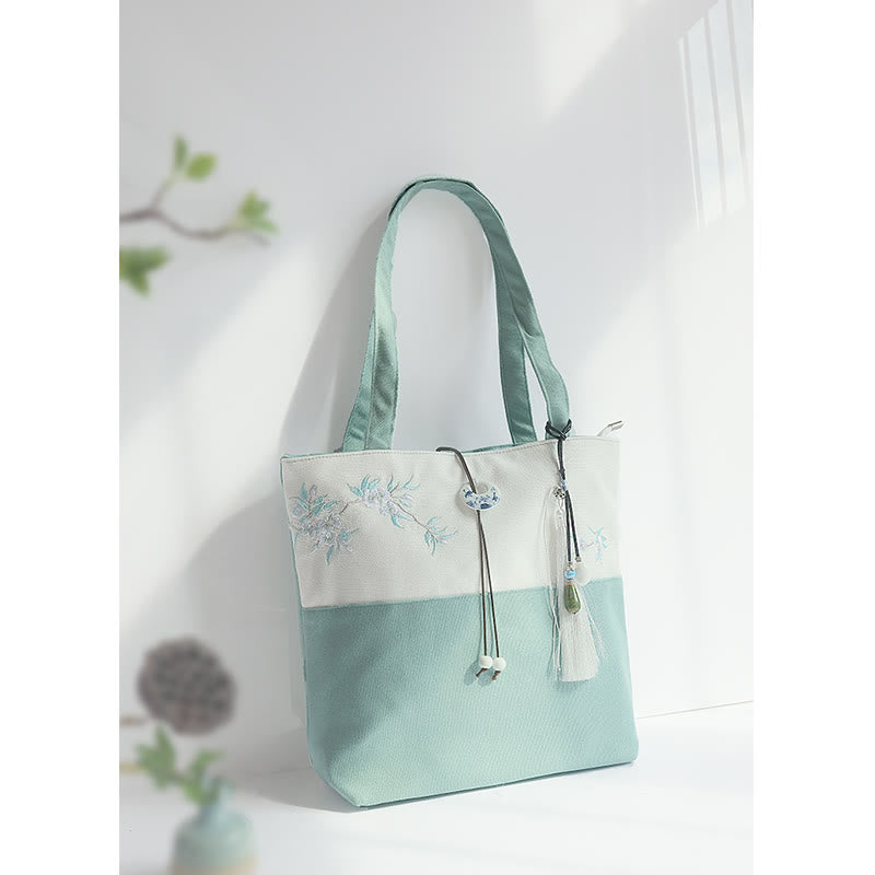 Bolso de hombro de gran capacidad con bordado de bambú, flor de pera, ciruelo, flor de melocotón, bolso de mano