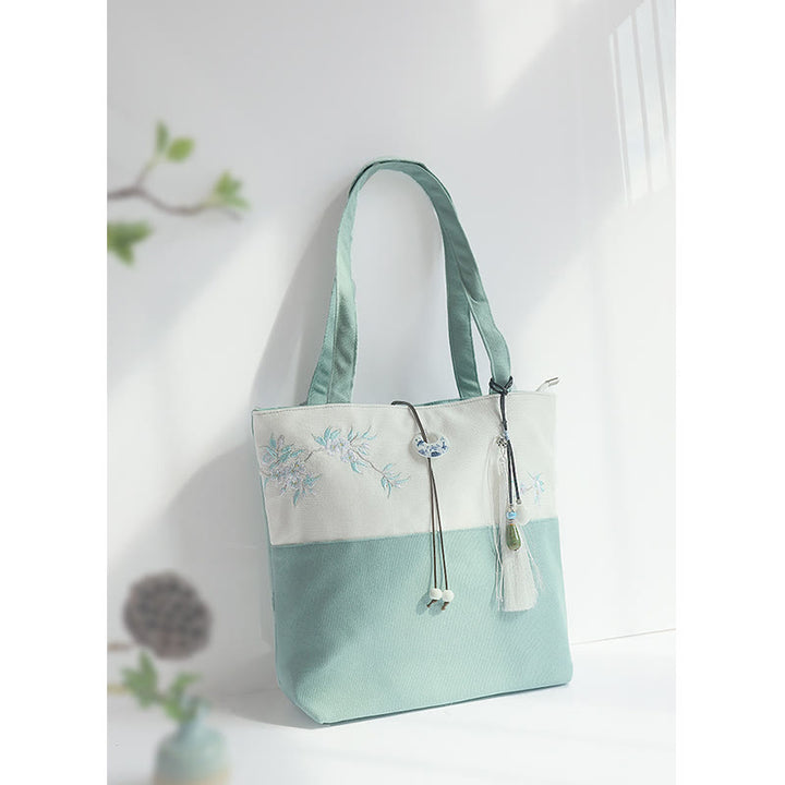 Bolso de hombro de gran capacidad con bordado de bambú, flor de pera, ciruelo, flor de melocotón, bolso de mano
