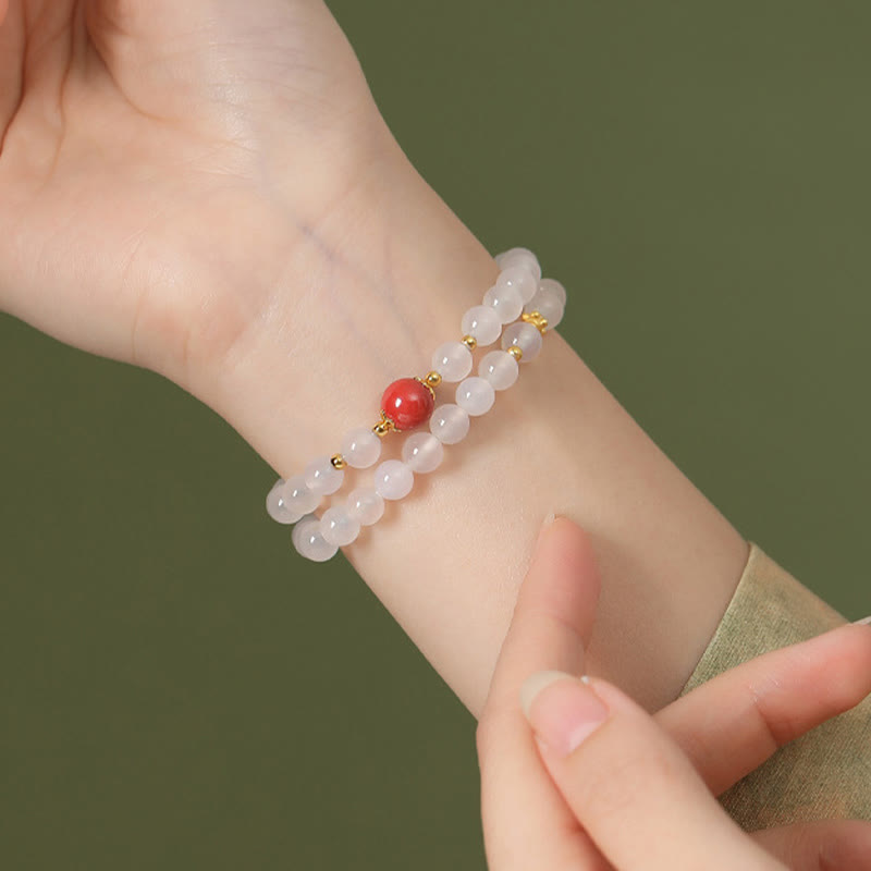 Pulsera de protección doble de cinabrio de ágata blanca natural de plata de ley 925 con Buddha Stones
