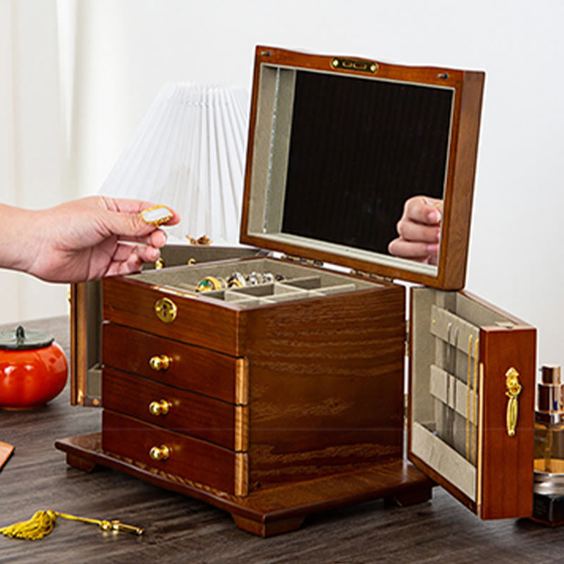 Caja de almacenamiento de joyería de madera de gran capacidad Vintage con Buddha Stones con espejo
