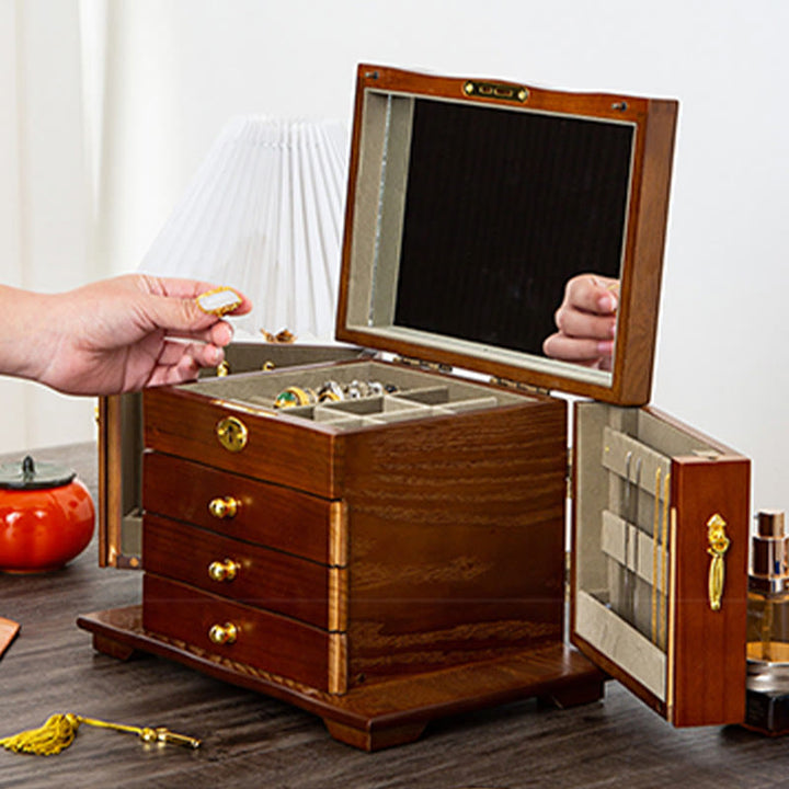 Caja de almacenamiento de joyería de madera de gran capacidad Vintage con Buddha Stones con espejo