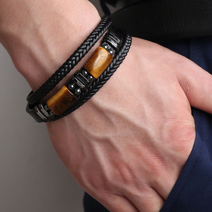 Pulsera de cuero multicapa con hebilla magnética y ojo de tigre con Buddha Stones