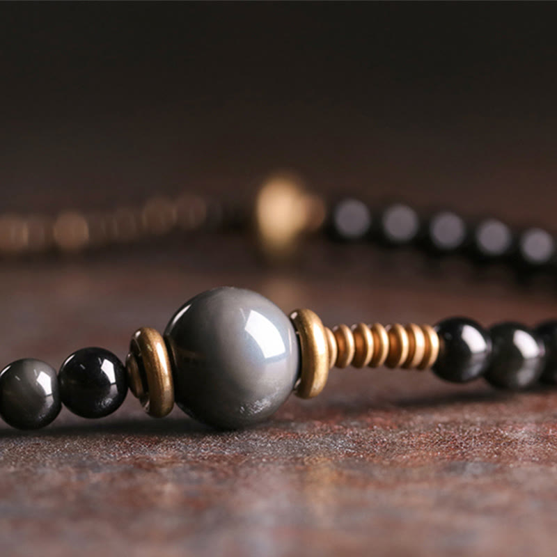 Pulsera multicapa positiva de cobre y madera de ébano, obsidiana, arcoíris , Buddha Stones