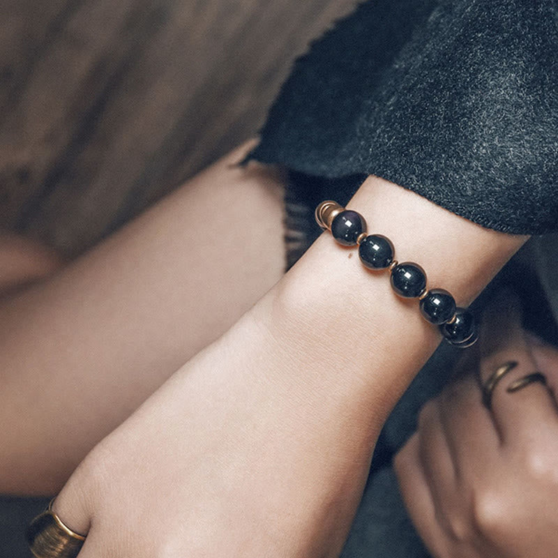 Buddha Stones, piedra de roca de Lava, obsidiana arcoíris, soporte de cobre, pulsera curativa