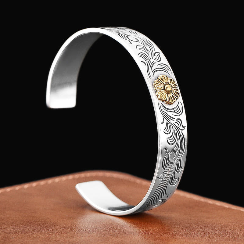 Brazalete de cobre tallado con plumas de la suerte, diseño de flores de la dinastía Tang, Buddha Stones