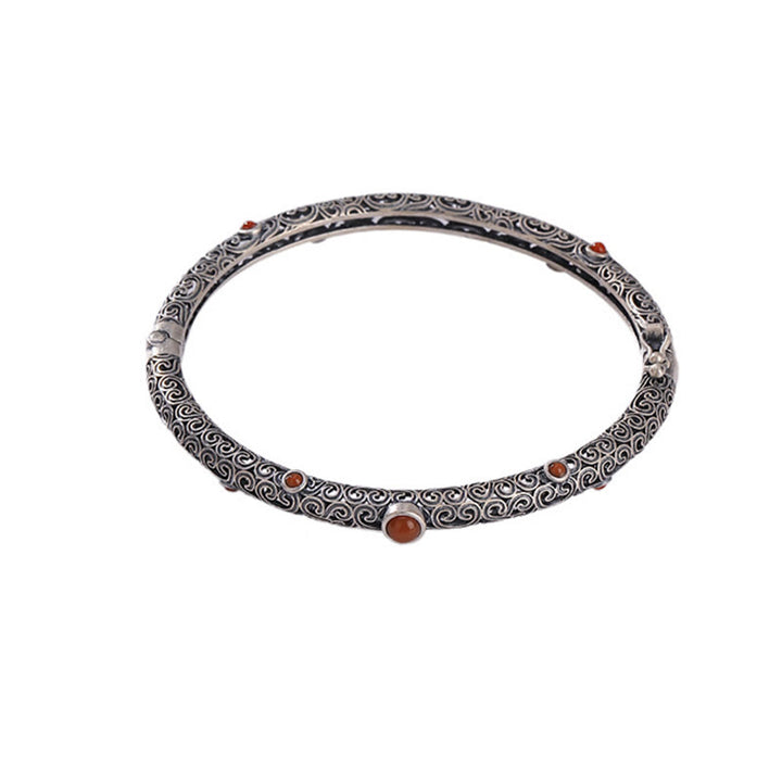 Brazalete de pulsera de la suerte de cobre con ágata roja grabada con diseño de flor de la dinastía Tang Vintage