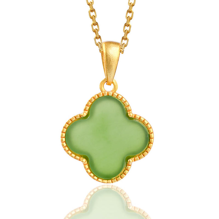 Collar con colgante de trébol de cuatro hojas de la suerte de jade hetiano natural de plata de ley 925 con Buddha Stones
