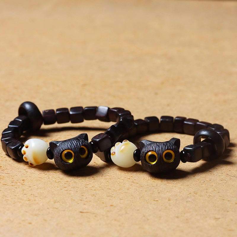 Buddha Stones Madera de ébano Lindo gato Bodhi Semilla Pata Garra Cuentas cuadradas Pulsera tranquila - image 4