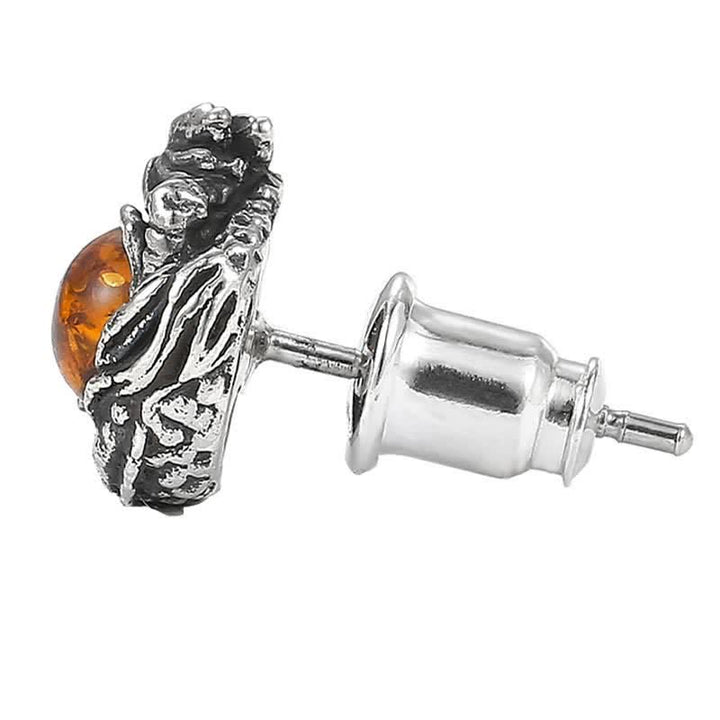 Pendientes de tuerca de plata de ley 925 con Buddha Stones, dragón de ámbar natural, protección del éxito
