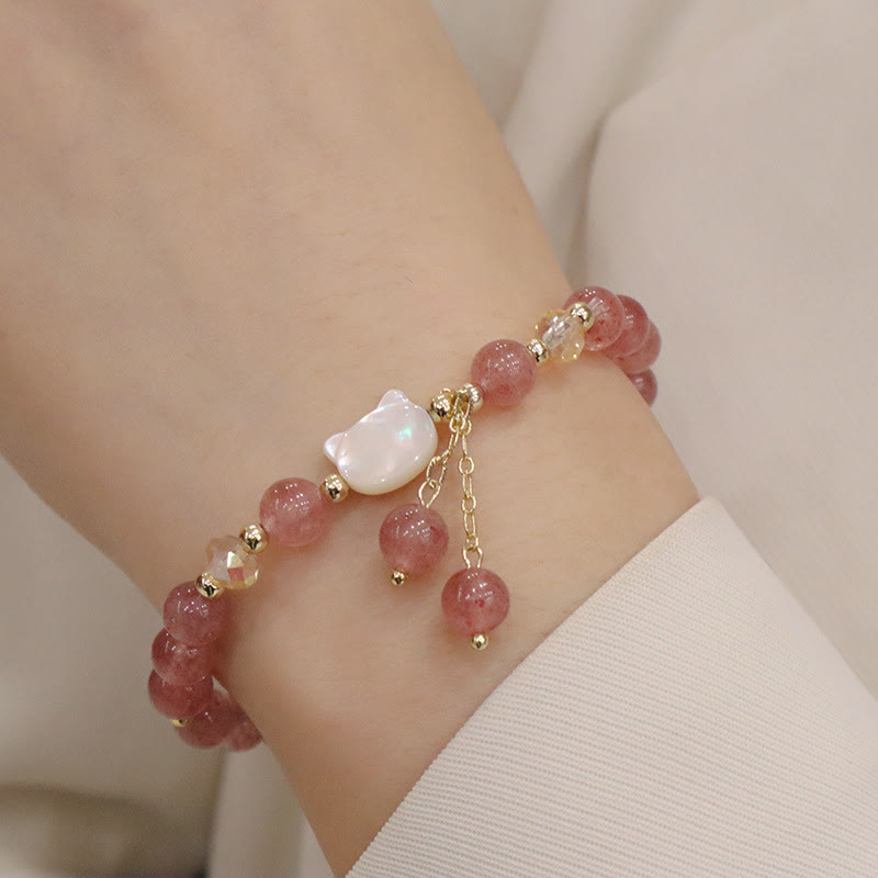 Pulsera de amor de gato con piedra Tridacna de morganita de cuarzo fresa Natural con Buddha Stones - Piedra de cuarzo fresa Tridacna Gato (circunferencia de muñeca: 12-14 cm) - image 1