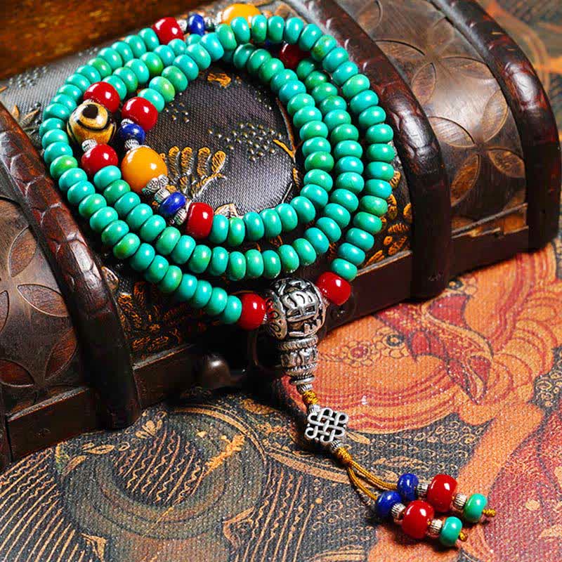 Pulsera de protección de cuentas Dzi de turquesa tibetana con 108 cuentas Mala