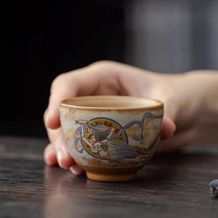 Taza de té de cerámica Gaiwan Sancai de Dunhuang Flying Apsaras con Buddha Stones, taza de té de Kung Fu con tapa