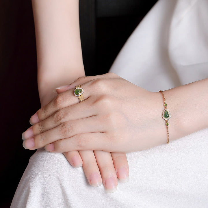 Juego de anillos y pulsera de la suerte con forma de calabaza de jade cian hetiano natural chapado en plata de ley 925 con Buddha Stones