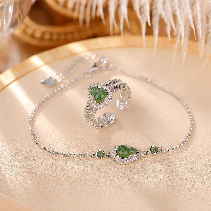 Juego de anillos y pulsera de la suerte con forma de calabaza de jade cian hetiano natural chapado en plata de ley 925 con Buddha Stones